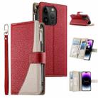 For iPhone 14 Pro Stitching Multi-card Zipper Wallet Leather Phone Case with Short Strap(Red) - 1
