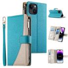 For iPhone 14 / 13 Stitching Multi-card Zipper Wallet Leather Phone Case with Short Strap(Blue) - 1