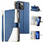 For iPhone 13 Pro Max Stitching Multi-card Zipper Wallet Leather Phone Case with Short Strap(Dark Blue) - 1