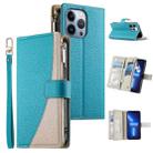 For iPhone 13 Pro Stitching Multi-card Zipper Wallet Leather Phone Case with Short Strap(Blue) - 1