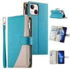 For iPhone 13 mini Stitching Multi-card Zipper Wallet Leather Phone Case with Short Strap(Blue) - 1