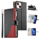 For iPhone 13 mini Stitching Multi-card Zipper Wallet Leather Phone Case with Short Strap(Black) - 1