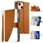 For iPhone 13 mini Stitching Multi-card Zipper Wallet Leather Phone Case with Short Strap(Brown) - 1