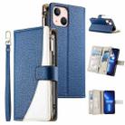 For iPhone 13 mini Stitching Multi-card Zipper Wallet Leather Phone Case with Short Strap(Dark Blue) - 1