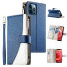For iPhone 12 Pro Max Stitching Multi-card Zipper Wallet Leather Phone Case with Short Strap(Dark Blue) - 1