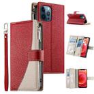 For iPhone 12 Pro Max Stitching Multi-card Zipper Wallet Leather Phone Case with Short Strap(Red) - 1