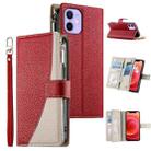 For iPhone 12 mini Stitching Multi-card Zipper Wallet Leather Phone Case with Short Strap(Red) - 1