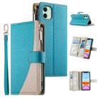 For iPhone 11 Stitching Multi-card Zipper Wallet Leather Phone Case with Short Strap(Blue) - 1