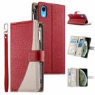 For iPhone XR Stitching Multi-card Zipper Wallet Leather Phone Case with Short Strap(Red) - 1