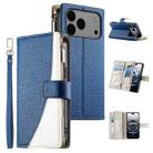 For iPhone 17 Pro Max Stitching Multi-card Zipper Wallet Leather Phone Case with Short Strap(Dark Blue) - 1