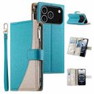 For iPhone 17 Pro Stitching Multi-card Zipper Wallet Leather Phone Case with Short Strap(Blue) - 1