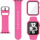 For Apple Watch Series 45mm Pin Buckle Silicone Watch Band with Film Integrated PC Case(Rose Red) - 1
