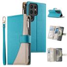For Samsung Galaxy S24 Ultra 5G Stitching Multi-card Zipper Wallet Leather Phone Case with Short Strap(Blue) - 1
