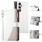 For Samsung Galaxy S24 FE 5G Stitching Multi-card Zipper Wallet Leather Phone Case with Short Strap(White) - 1