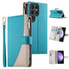 For Samsung Galaxy S23 Ultra 5G Stitching Multi-card Zipper Wallet Leather Phone Case with Short Strap(Blue) - 1