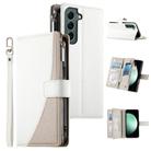 For Samsung Galaxy S22 5G Stitching Multi-card Zipper Wallet Leather Phone Case with Short Strap(White) - 1