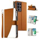 For Samsung Galaxy S21 Ultra 5G Stitching Multi-card Zipper Wallet Leather Phone Case with Short Strap(Brown) - 1