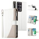For Samsung Galaxy S21 Ultra 5G Stitching Multi-card Zipper Wallet Leather Phone Case with Short Strap(White) - 1