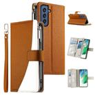 For Samsung Galaxy S21 FE 5G Stitching Multi-card Zipper Wallet Leather Phone Case with Short Strap(Brown) - 1