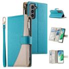 For Samsung Galaxy S21 5G Stitching Multi-card Zipper Wallet Leather Phone Case with Short Strap(Blue) - 1