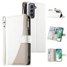 For Samsung Galaxy S21 5G Stitching Multi-card Zipper Wallet Leather Phone Case with Short Strap(White) - 1