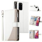 For Samsung Galaxy S20+ Stitching Multi-card Zipper Wallet Leather Phone Case with Short Strap(White) - 1