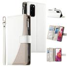 For Samsung Galaxy S20 Stitching Multi-card Zipper Wallet Leather Phone Case with Short Strap(White) - 1