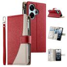 For Redmi 13 4G / 5G / Xiaomi Poco M6 4G Stitching Multi-card Zipper Wallet Leather Phone Case with Short Strap(Red) - 1