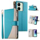 For Redmi 13C 4G / 5G / 13R / Xiaomi Poco C65 Stitching Multi-card Zipper Wallet Leather Phone Case with Short Strap(Blue) - 1