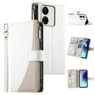 For Redmi 13C 4G / 5G / 13R / Xiaomi Poco C65 Stitching Multi-card Zipper Wallet Leather Phone Case with Short Strap(White) - 1