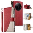 For Redmi A3 / Xiaomi Poco C61 Stitching Multi-card Zipper Wallet Leather Phone Case with Short Strap(Red) - 1