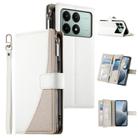 For Redmi K70E / Xiaomi Poco X6 Pro Stitching Multi-card Zipper Wallet Leather Phone Case with Short Strap(White) - 1