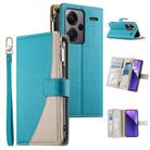 For Redmi Note 13 Pro+ Global Stitching Multi-card Zipper Wallet Leather Phone Case with Short Strap(Blue) - 1