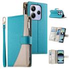 For Redmi Note 14 4G 163.25mm Stitching Multi-card Zipper Wallet Leather Phone Case with Short Strap(Blue) - 1
