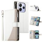 For Redmi Note 14 4G 163.25mm Stitching Multi-card Zipper Wallet Leather Phone Case with Short Strap(White) - 1