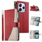 For Redmi Note 14 4G 163.25mm Stitching Multi-card Zipper Wallet Leather Phone Case with Short Strap(Red) - 1