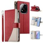 For Redmi Note 14 Pro 4G Stitching Multi-card Zipper Wallet Leather Phone Case with Short Strap(Red) - 1