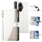 For Redmi Turbo 4 Pro / Xiaomi Poco F7 Stitching Multi-card Zipper Wallet Leather Phone Case with Short Strap(White) - 1