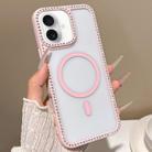 For iPhone 16 Large Lens Hole Rhinestone Frame MagSafe Phone Case(Pink) - 1