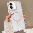For iPhone 16 Large Lens Hole Rhinestone Frame MagSafe Phone Case(Beige) - 1