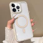 For iPhone 14 Pro Max Large Lens Hole Rhinestone Frame MagSafe Phone Case(Beige) - 1