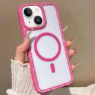 For iPhone 13 mini Large Lens Hole Rhinestone Frame MagSafe Phone Case(Rose Gold) - 1