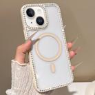 For iPhone 13 mini Large Lens Hole Rhinestone Frame MagSafe Phone Case(Beige) - 1