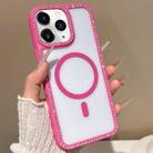 For iPhone 11 Pro Max Large Lens Hole Rhinestone Frame MagSafe Phone Case(Rose Gold) - 1