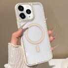 For iPhone 11 Pro Max Large Lens Hole Rhinestone Frame MagSafe Phone Case(Beige) - 1