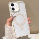 For iPhone 11 Large Lens Hole Rhinestone Frame MagSafe Phone Case(Beige) - 1