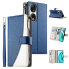 For Honor 90 Stitching Multi-card Zipper Wallet Leather Phone Case with Short Strap(Dark Blue) - 1