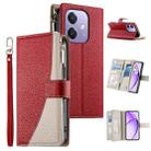For OPPO A5x 5G / A3 4G / 5G / A3x 4G / 5G Stitching Multi-card Zipper Wallet Leather Phone Case with Short Strap(Red) - 1