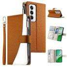For OPPO Reno12 Global Stitching Multi-card Zipper Wallet Leather Phone Case with Short Strap(Brown) - 1
