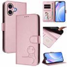 For iPhone 16 Litter Panda Embossing RFID Leather Phone Case with Lanyard(Pink) - 1